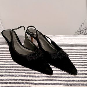 ANN TAYLOR. Black Leather Pointed Sling-Back Baby Stiletto Heels, Sz. 9.5 M